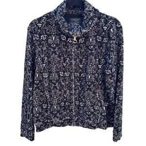 Charter Club Petite Womens Black Gray‎ Damask Pattern Velour Zip-Up Jacket P/L